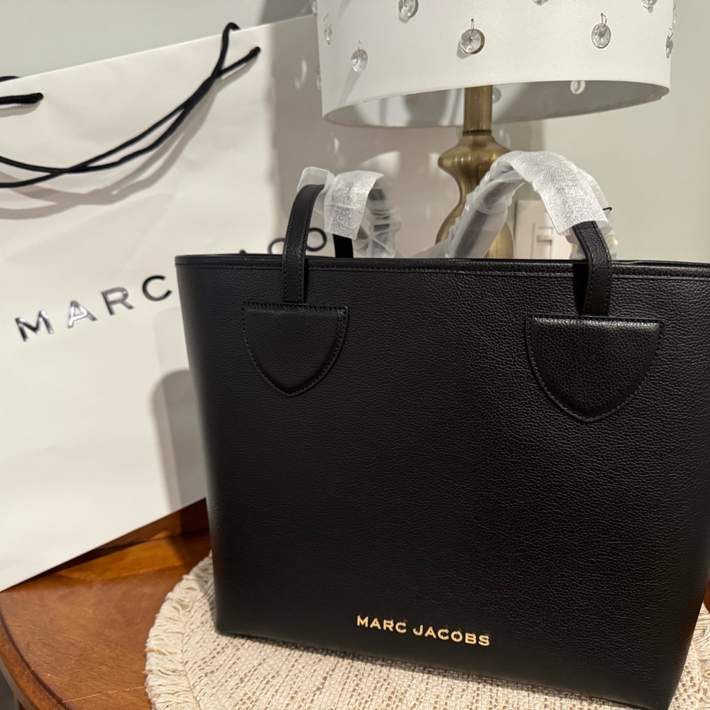 Marc Jacobs Black Leather Tote Bag with Gold Logo